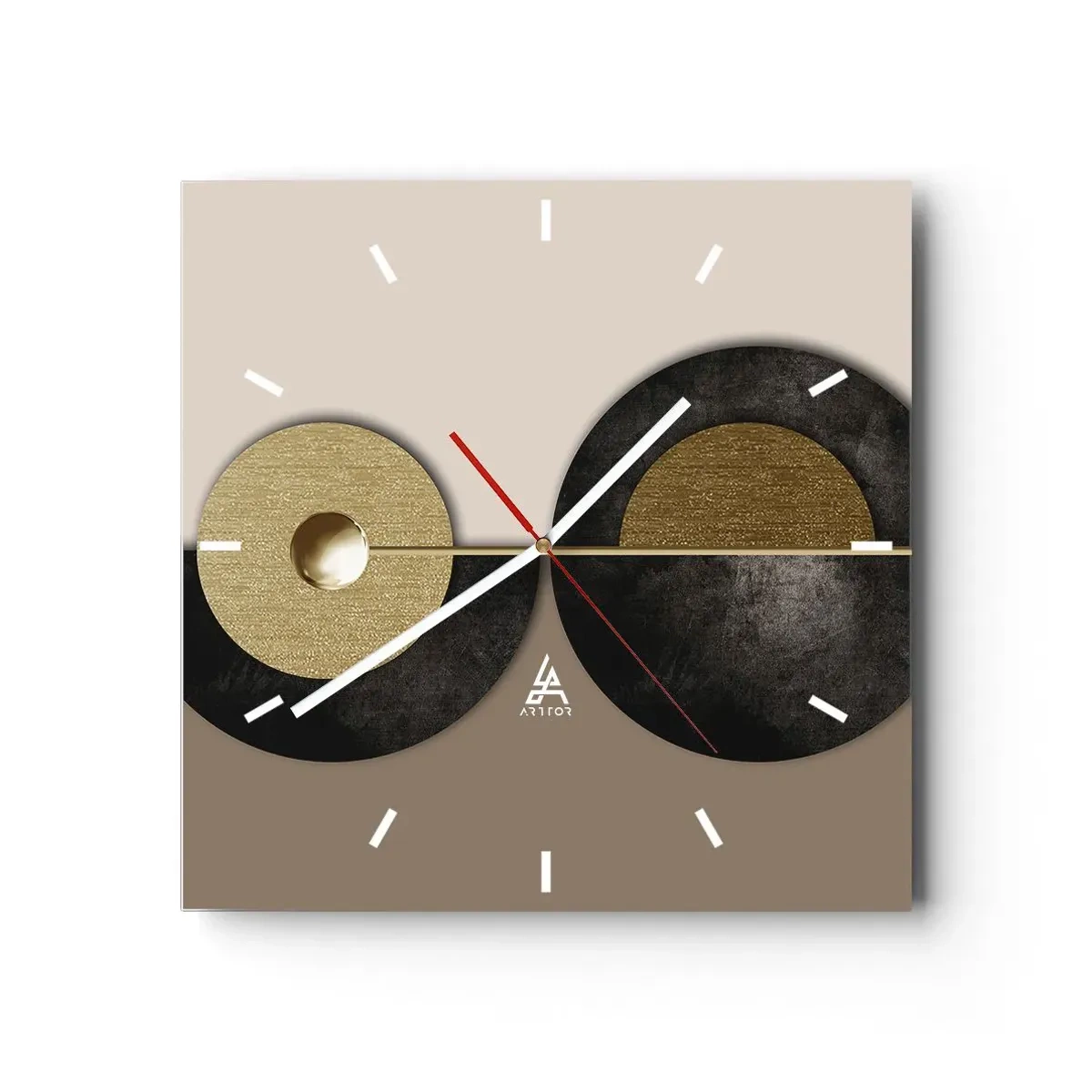 Orologio da parete - Orologio in Vetro - Cerchi astratti nei toni dell'oro e del marrone - 30x30cm - Variazioni attorno al cerchio - Decorazione murale moderna per soggiorno e camera da letto ARTTOR