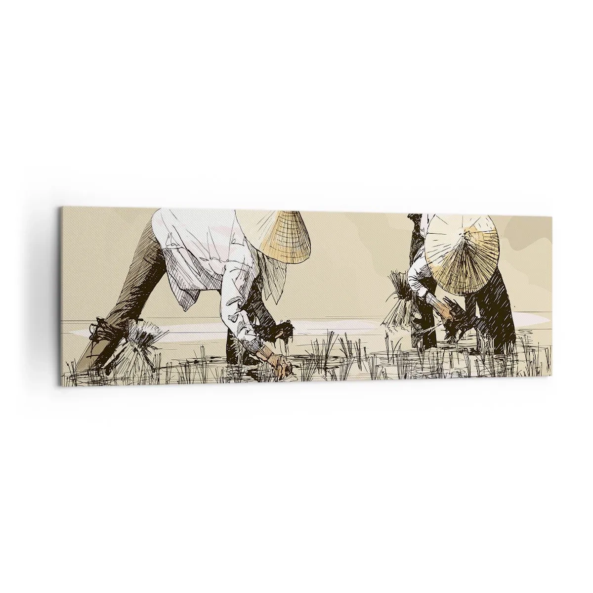 Quadro su tela - Stampe su Tela - Contadini che lavorano in una risaia indossando copricapi tradizionali - 160x50cm - Buon raccolto - Decorazione murale moderna per soggiorno e camera da letto ARTTOR