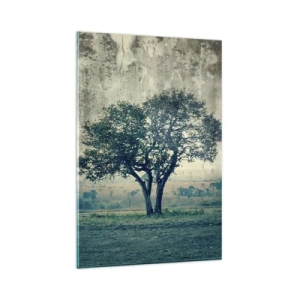 Quadro su vetro - Un albero solitario contro un paesaggio nebbioso - 80x120cm - Un melo su un prato blu? - Decorazione murale moderna per soggiorno e camera da letto ARTTOR