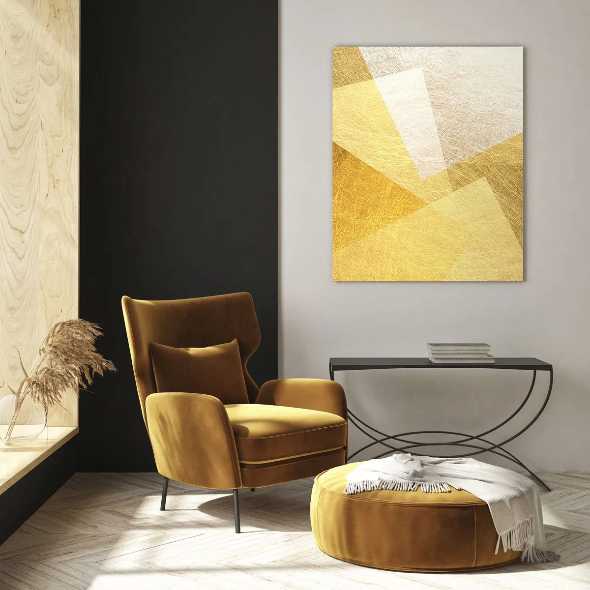 Quadro su vetro - Forme geometriche dorate con una texture metallica e leggera - 50x70cm - La pace della geometria - Decorazione murale moderna per soggiorno e camera da letto ARTTOR