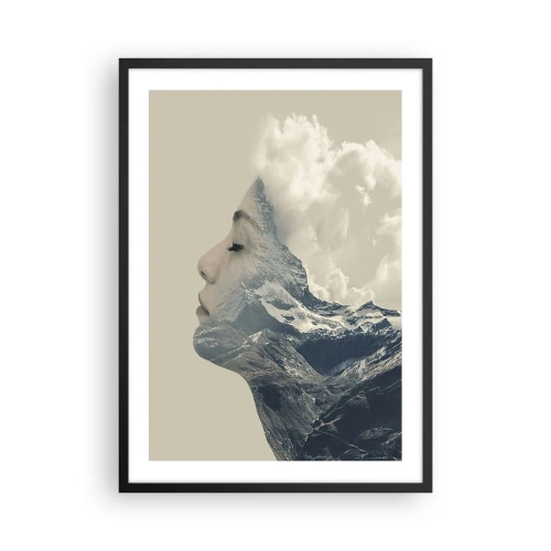Poster in cornice nera - Il profilo di una donna che si fonde con un paesaggio montano - 50x70cm - La bellezza degli elementi - Decorazione murale moderna per soggiorno e camera da letto ARTTOR