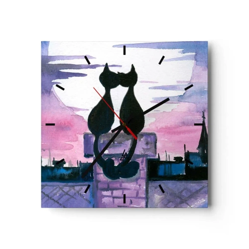 Orologio da parete - Orologio in Vetro - Gatti neri su un tetto al chiaro di luna in un ambiente acquerello - 30x30cm - Appuntamento sotto la luna - Decorazione murale moderna per soggiorno e camera da letto ARTTOR