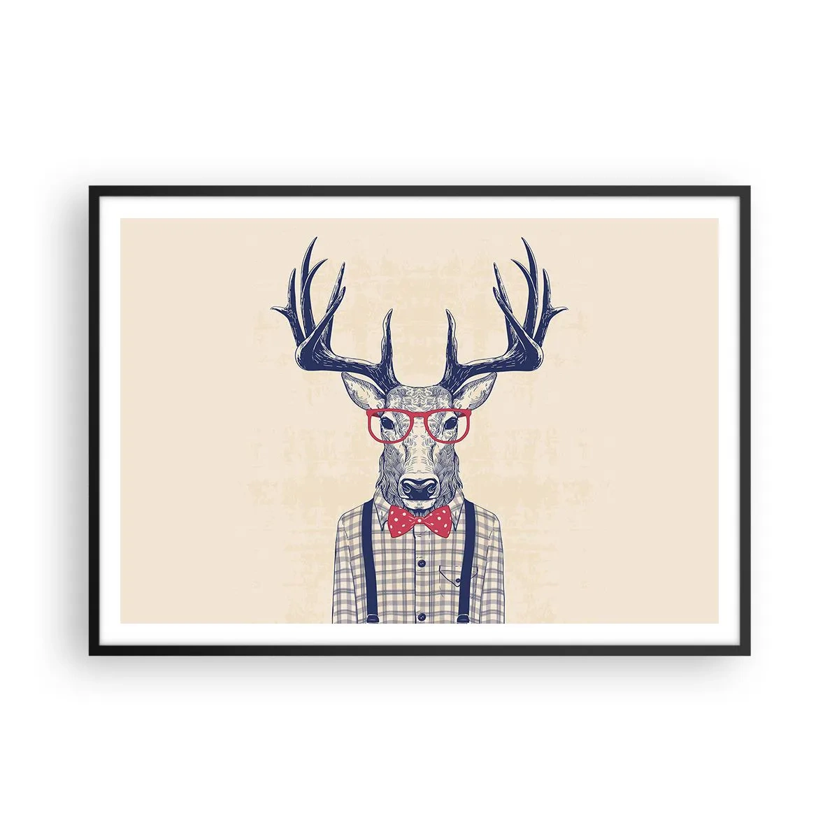 Poster in cornice nera - Grafica stilizzata di un cervo con occhiali e papillon - 100x70cm - Divertente stravaganza - Decorazione murale moderna per soggiorno e camera da letto ARTTOR