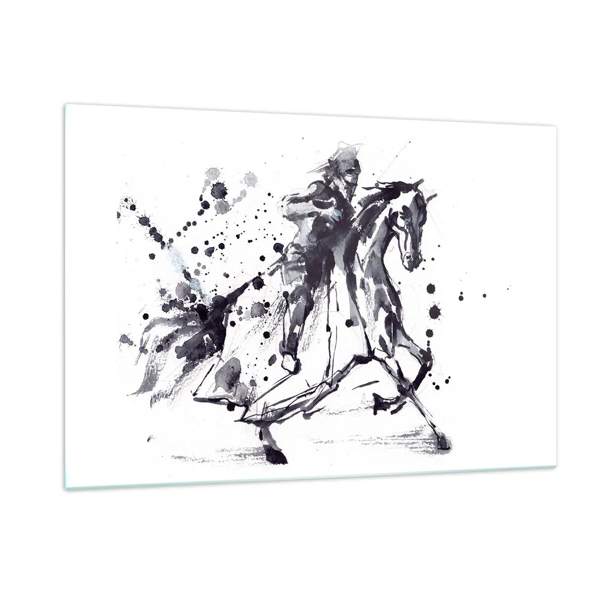 Quadro su vetro - Dipinto in bianco e nero di un cavaliere su un cavallo in stile astratto - 120x80cm - Il cavaliere nero - Decorazione murale moderna per soggiorno e camera da letto ARTTOR