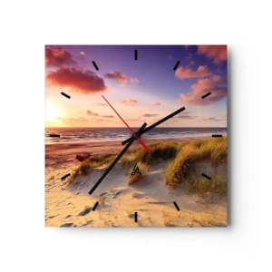 Orologio da parete - Orologio in Vetro - Una spiaggia erbosa e un tramonto su un mare calmo - 30x30cm - L'aria già profuma di estate - Decorazione murale moderna per soggiorno e camera da letto ARTTOR