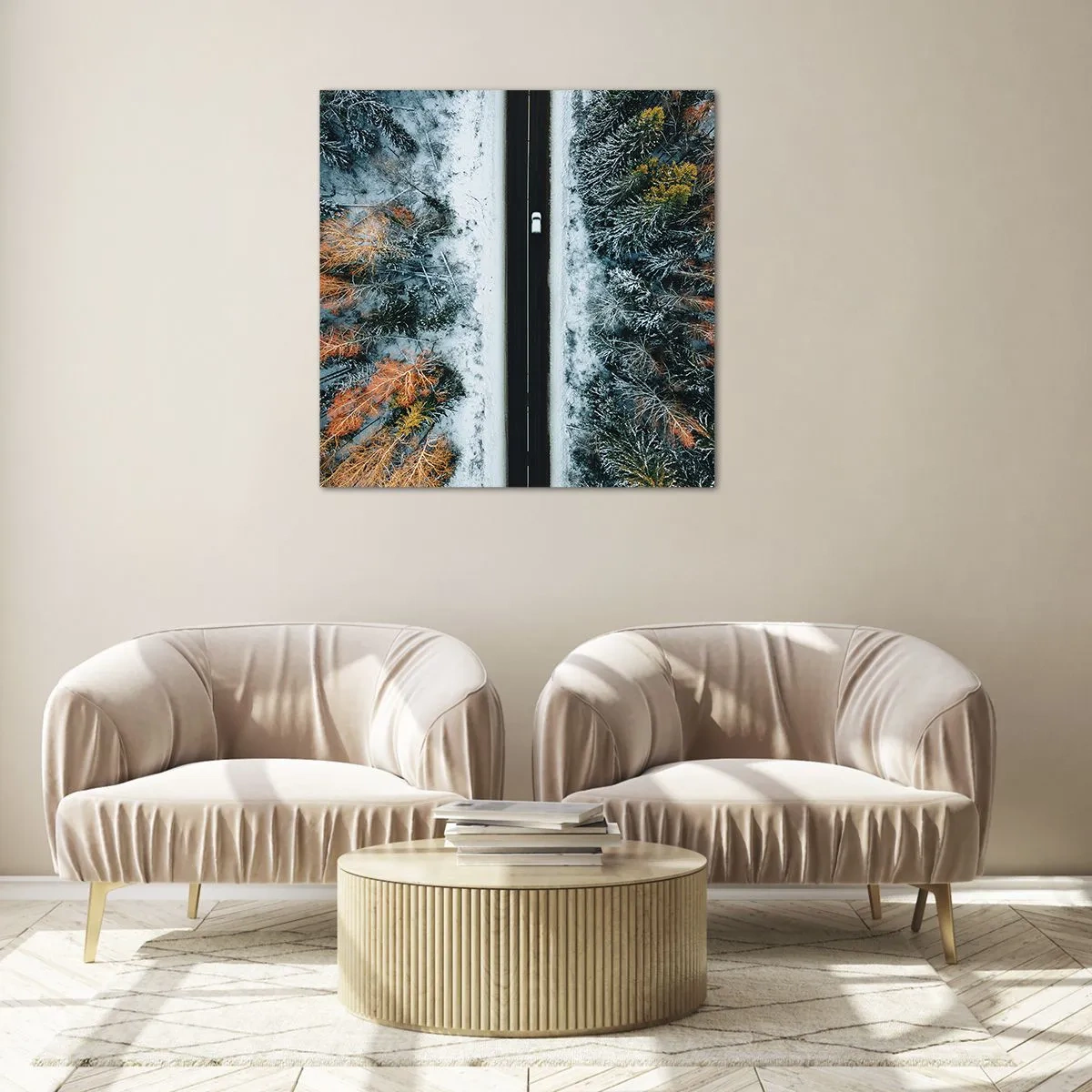 Quadro su vetro - Tagliando la foresta invernale - 40x40 cm
