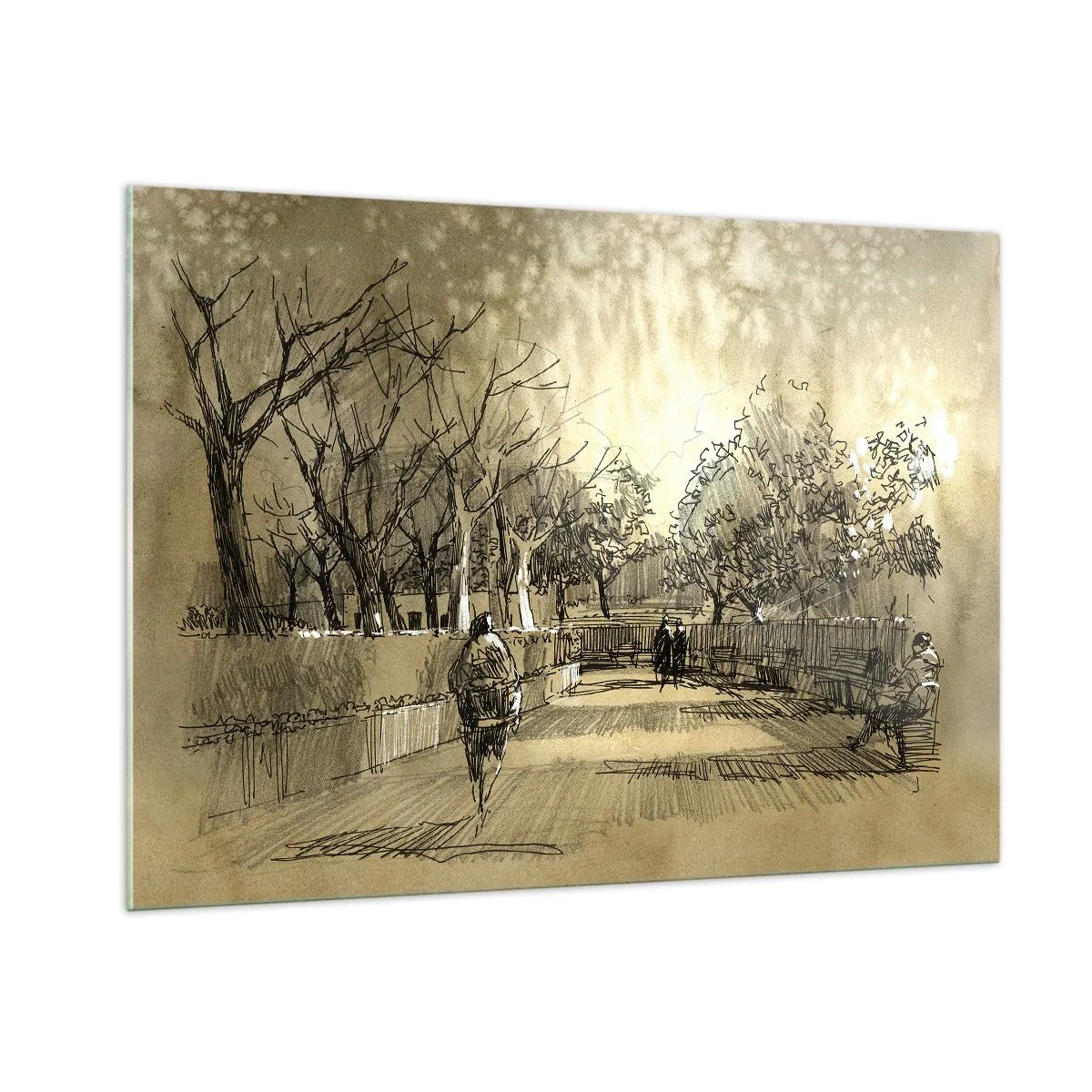Quadro su vetro - Un disegno di un parco con sentieri e persone che camminano - 100x70cm - Attimo fermato con la penna - Decorazione murale moderna per soggiorno e camera da letto ARTTOR