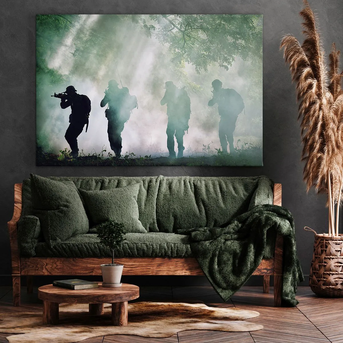 Quadro su tela - Stampe su Tela - Sagome di soldati in una foresta circondata dalla nebbia - 120x80cm - Uno per tutti… - Decorazione murale moderna per soggiorno e camera da letto ARTTOR