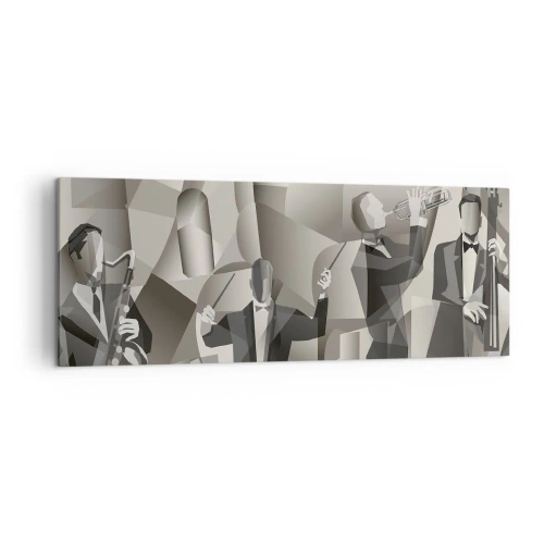Quadro su tela - Stampe su Tela - Scena astratta con musicisti jazz in tonalità di grigio. - 140x50cm - Nello spazio dei suono - Decorazione murale moderna per soggiorno e camera da letto ARTTOR