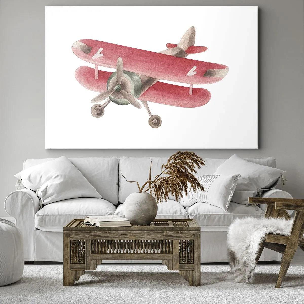 Quadro su tela - Stampe su Tela - Aereo retrò rosso su sfondo bianco - 100x70cm - Pronto a volare alto - Decorazione murale moderna per soggiorno e camera da letto ARTTOR