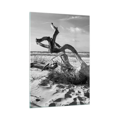 Quadro su vetro - Un paesaggio in bianco e nero con un ramo caduto su una spiaggia in riva al mare. - 50x70cm - Scolpito dal mare - Decorazione murale moderna per soggiorno e camera da letto ARTTOR