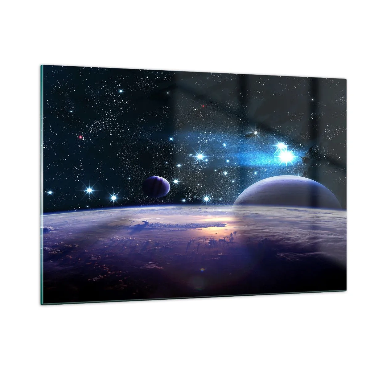 Quadro su vetro - Un paesaggio spaziale con pianeti e stelle sullo sfondo di una galassia. - 120x80cm - Sempre da soli? - Decorazione murale moderna per soggiorno e camera da letto ARTTOR