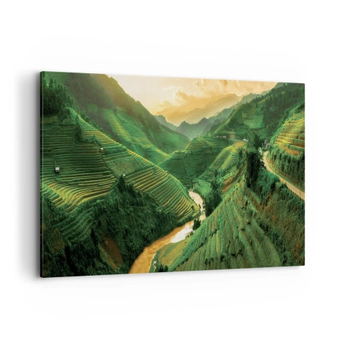 Quadro su tela - Stampe su Tela - Pittoresche terrazze di riso in una valle verde illuminata dal sole al tramonto - 100x70cm - Valle del Vietnam - Decorazione murale moderna per soggiorno e camera da letto ARTTOR