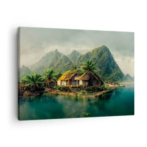 Quadro su tela - Stampe su Tela - Un'isola tropicale con palme e montagne sullo sfondo - 70x50cm - Paradiso tropicale - Decorazione murale moderna per soggiorno e camera da letto ARTTOR