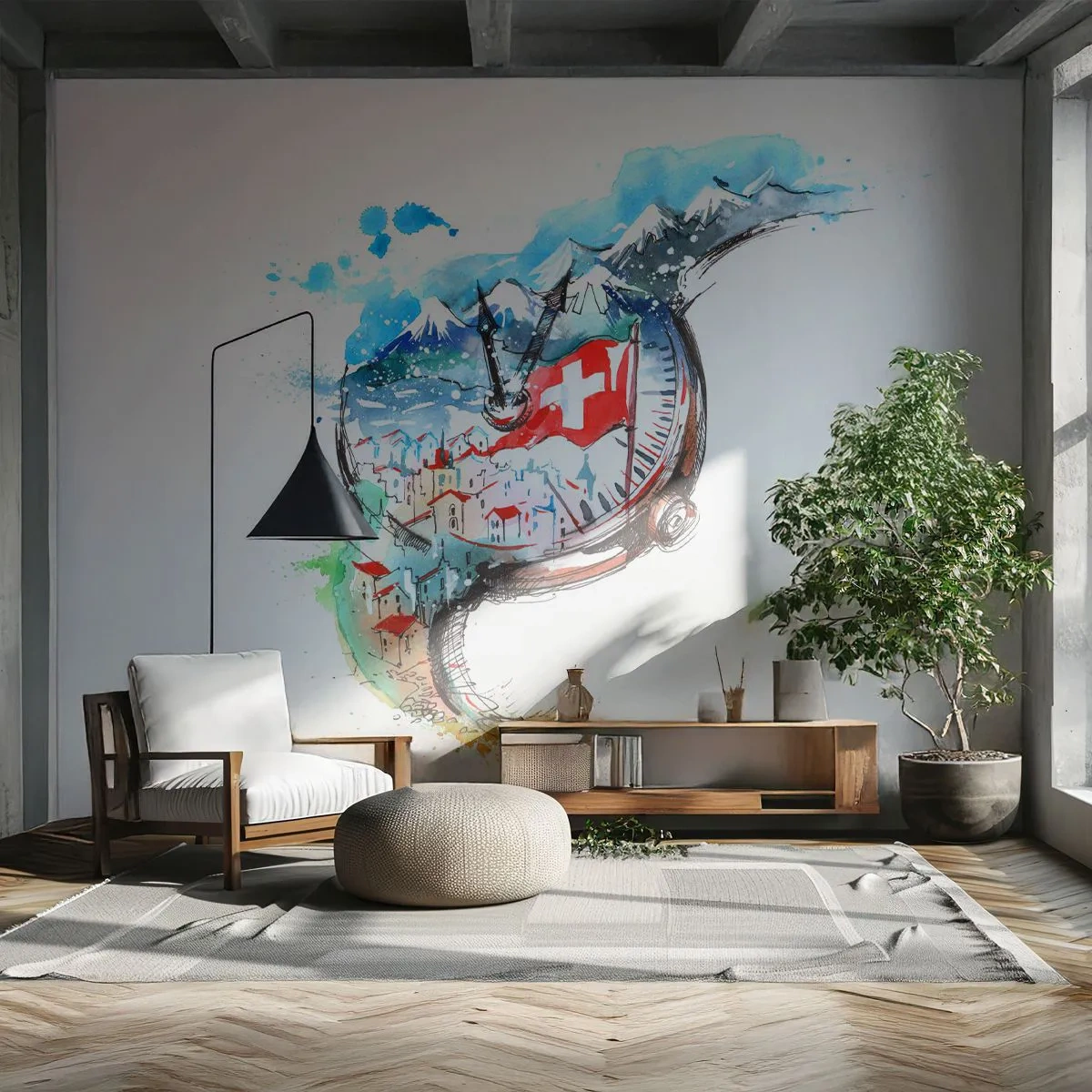 Fotomurali Premium Sand - Lo spirito della Svizzera - Astrazione, Orologio svizzero, Alpi - 350x256 cm