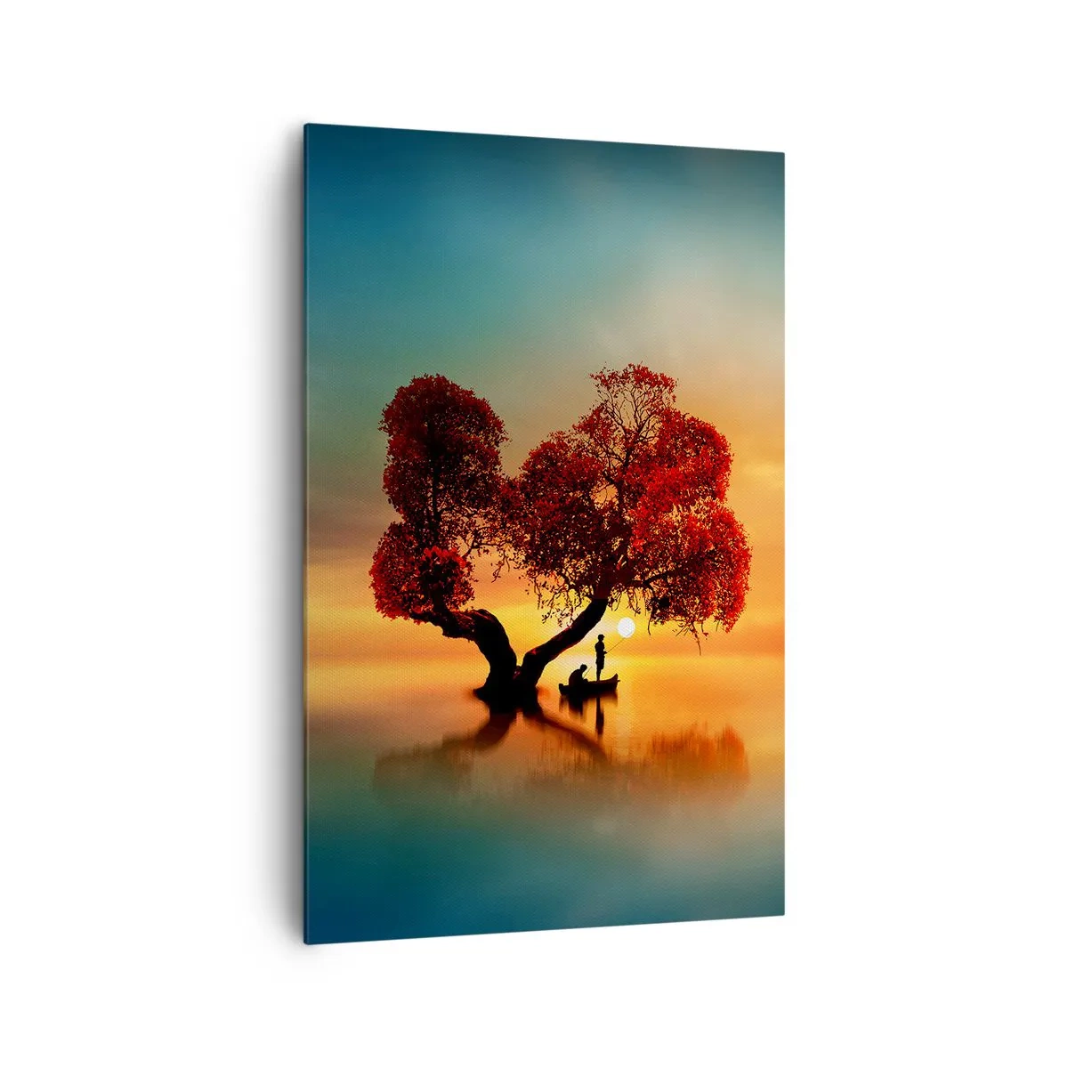 Quadro su tela - Stampe su Tela - Un albero dalle foglie rosse e una barca sull'acqua al tramonto - 80x120cm - Gli esiliati e il silenzio fuori dal mondo - Decorazione murale moderna per soggiorno e camera da letto ARTTOR