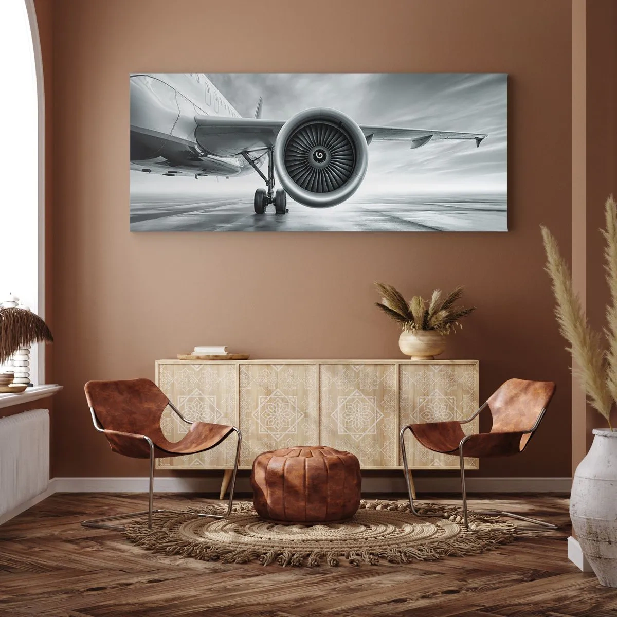 Quadro su tela - Stampe su Tela - Il motore a reazione di un aereo sulla pista - 140x50cm - C'è la forza! - Decorazione murale moderna per soggiorno e camera da letto ARTTOR