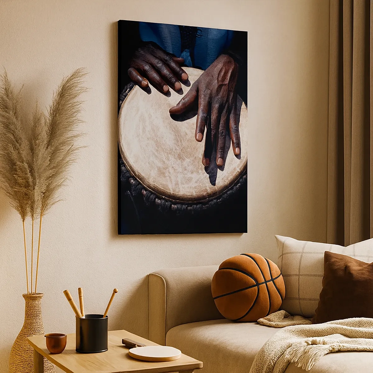 Quadro su tela - Stampe su Tela - Mani che suonano un tamburo djembe in una composizione dinamica - 50x70cm - Vivi al tuo ritmo - Decorazione murale moderna per soggiorno e camera da letto ARTTOR