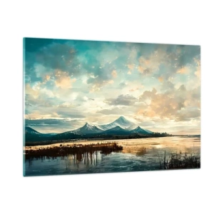 Quadro su vetro - Paesaggio invernale con montagne e un lago ghiacciato - 120x80cm - Sotto la protezione del cielo - Decorazione murale moderna per soggiorno e camera da letto ARTTOR