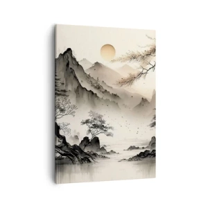 Quadro su tela - Stampe su Tela - Un paesaggio orientale con montagne e una pagoda dalle tonalità delicate. - 50x70cm - Il fascino irripetibile dell'oriente - Decorazione murale moderna per soggiorno e camera da letto ARTTOR