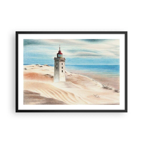 Poster in cornice nera - Un faro circondato da dune di sabbia e un cielo azzurro - 70x50cm - Sempre guardando il mare - Decorazione murale moderna per soggiorno e camera da letto ARTTOR