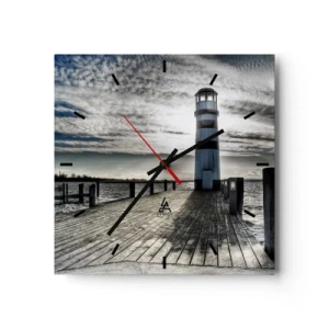 Orologio da parete - Orologio in Vetro - Faro su un molo di legno con vista sul mare. - 30x30cm - Marinai, vi aspettiamo - Decorazione murale moderna per soggiorno e camera da letto ARTTOR