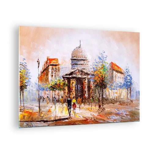 Quadro su vetro - Una pittoresca strada cittadina con un edificio storico sullo sfondo - 70x50cm - Passeggiata a Parigi - Decorazione murale moderna per soggiorno e camera da letto ARTTOR