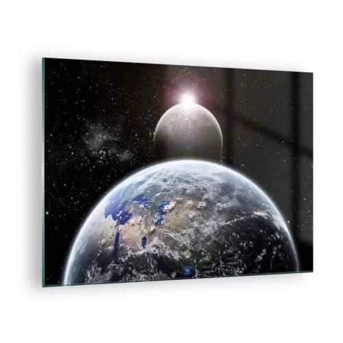 Quadro su vetro - Terra e Luna nello spazio - 70x50cm - Paesaggio cosmico: sorgere del sole - Decorazione murale moderna per soggiorno e camera da letto ARTTOR