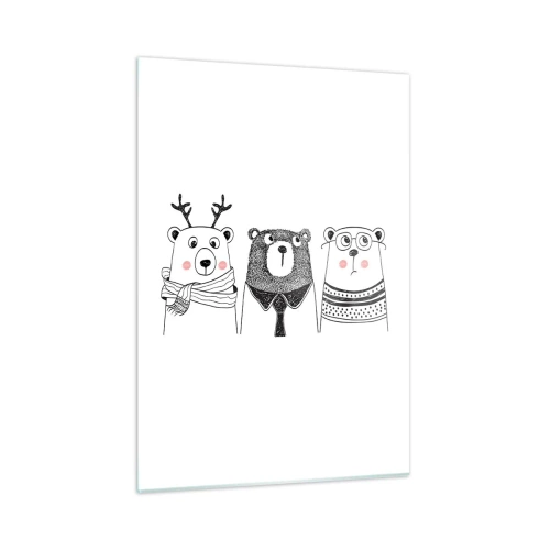 Quadro su vetro - Tre orsi divertenti in un'illustrazione in bianco e nero - 50x70cm - Orso, orsetto e orsino - Decorazione murale moderna per soggiorno e camera da letto ARTTOR