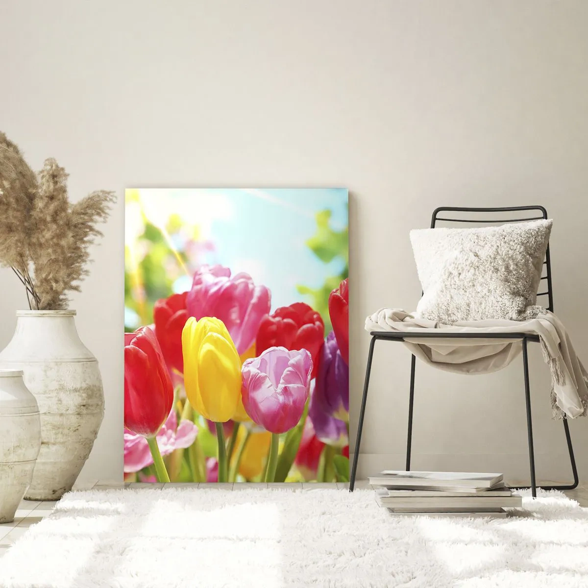 Quadro su vetro - Tulipani colorati in piena fioritura su uno sfondo primaverile - 80x120cm - Eccoci, i colori di maggio! - Decorazione murale moderna per soggiorno e camera da letto ARTTOR