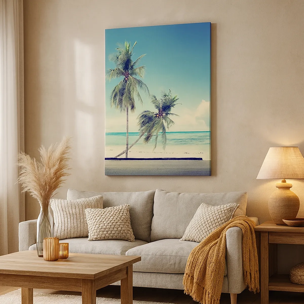 Quadro su tela - Stampe su Tela - Un furgone rosa con una tavola da surf sullo sfondo di una spiaggia tropicale. - 50x70cm - Tempo di vacanze - Decorazione murale moderna per soggiorno e camera da letto ARTTOR