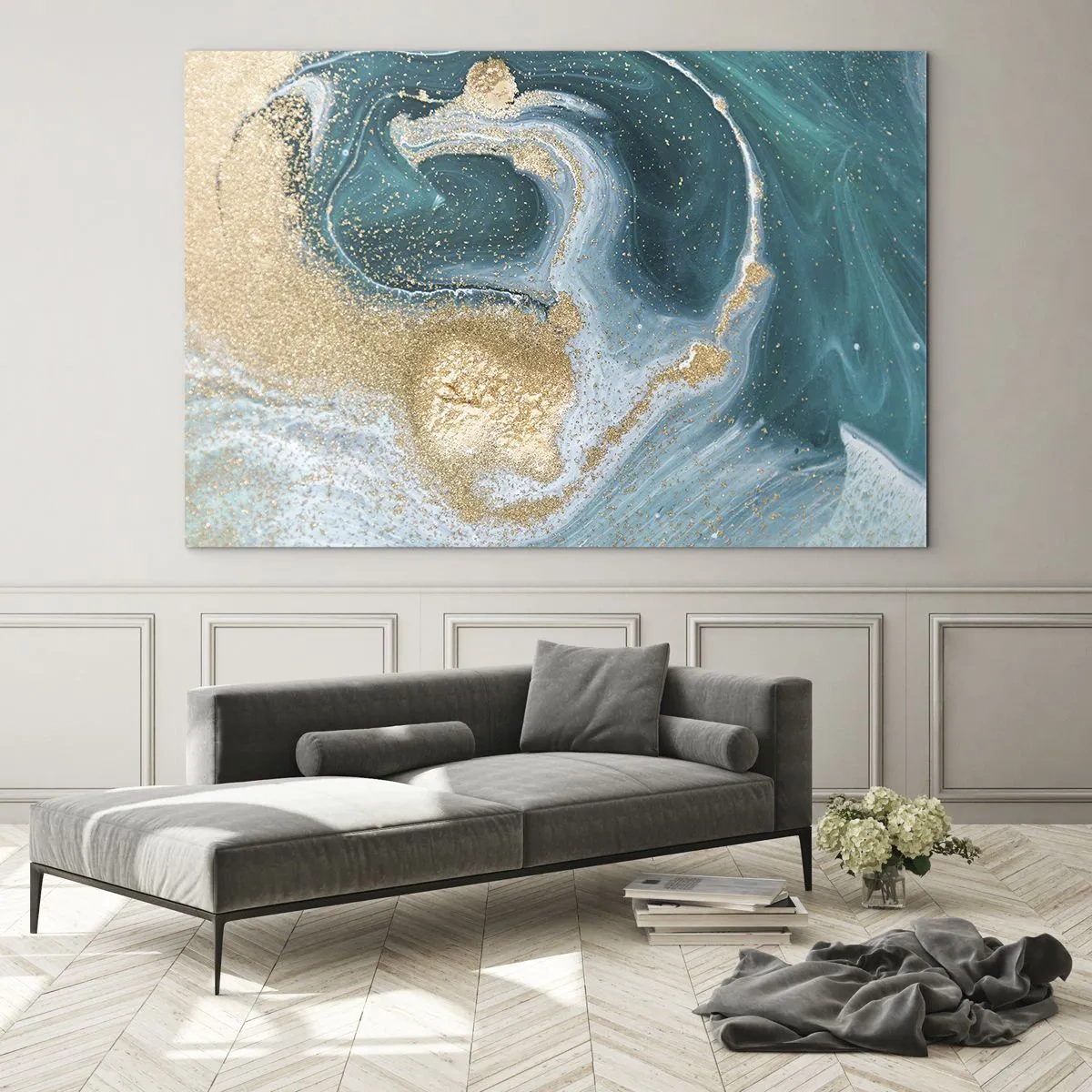 Quadro su vetro - Oro su onde turchesi in stile astratto - 120x80cm - Vortice di oro e turchese - Decorazione murale moderna per soggiorno e camera da letto ARTTOR