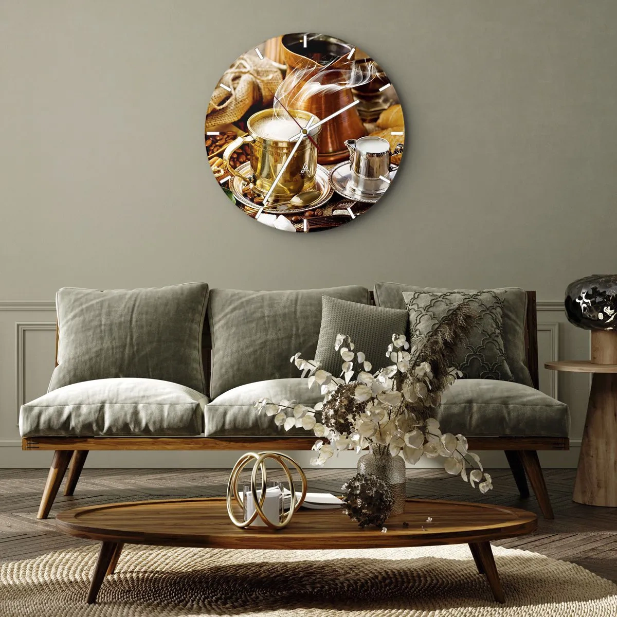 Orologio da parete - Orologio in Vetro - Una tazza di caffè fumante in una cornice dorata con accessori - 30x30cm - Buona giornata! - Decorazione murale moderna per soggiorno, cucina e camera da letto ARTTOR