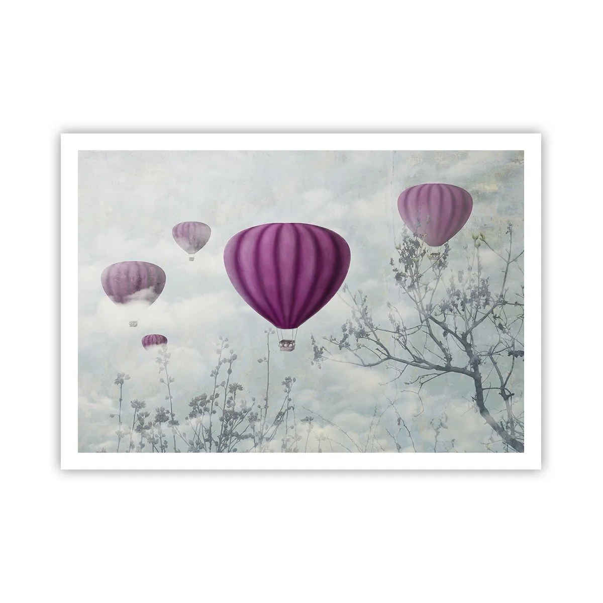 Poster - Palloncini viola che fluttuano sopra gli alberi tra le nuvole - 100x70cm - Come navi nel cielo - Decorazione murale moderna per soggiorno e camera da letto ARTTOR