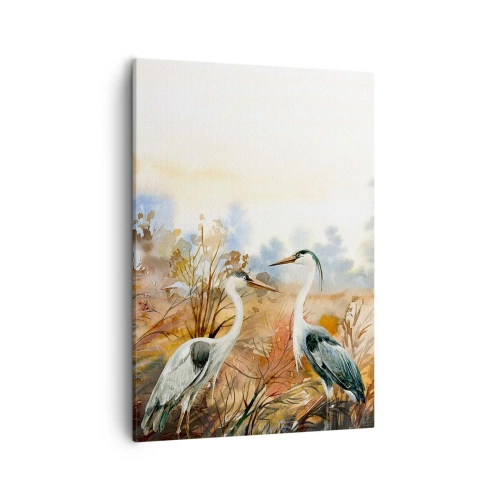 Quadro su tela - Stampe su Tela - Due aironi sullo sfondo di un paesaggio autunnale - 50x70cm - Dove in autunno? - Decorazione murale moderna per soggiorno e camera da letto ARTTOR