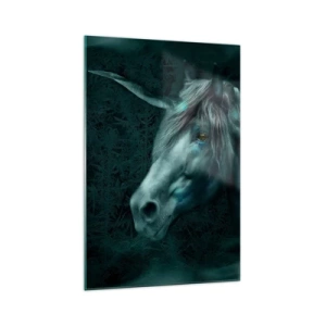 Quadro su vetro - Un unicorno magico in una foresta misteriosa e oscura dai colori fantastici. - 70x100cm - Nel bosco incantato - Decorazione murale moderna per soggiorno e camera da letto ARTTOR