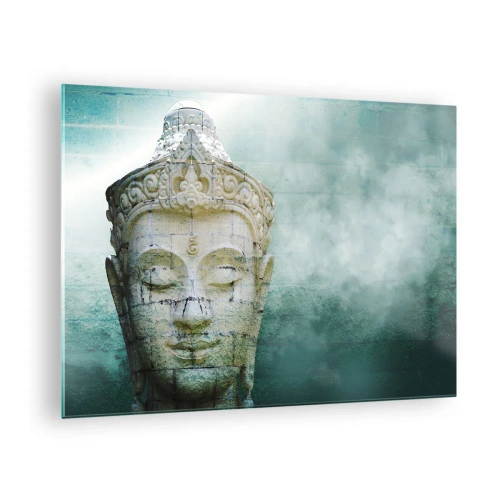 Quadro su vetro - Statua del Buddha in un'atmosfera mistica - 70x50cm - Cercando la luce - Decorazione murale moderna per soggiorno e camera da letto ARTTOR
