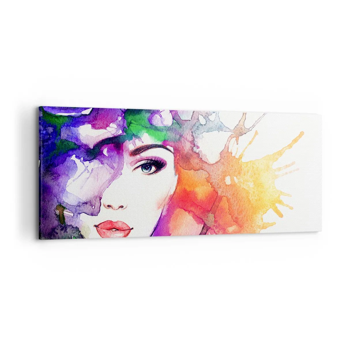 Quadro su tela - Stampe su Tela - Ritratto di una donna in colori acquerellati con macchie astratte - 120x50cm - Con la testa tra le nuvole - Decorazione murale moderna per soggiorno e camera da letto ARTTOR