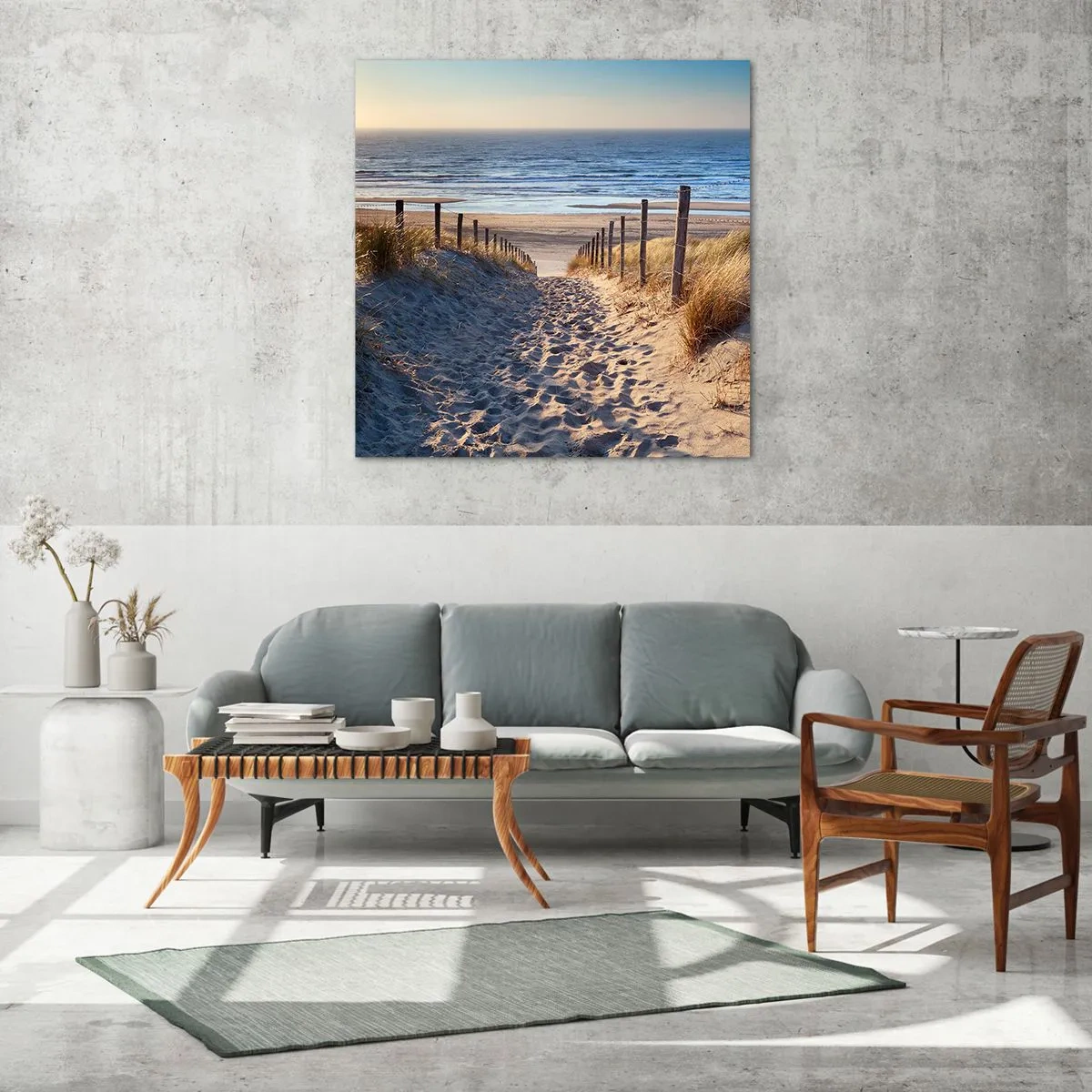 Quadro su vetro - Rumore del mare, uccelli che cantano, spiaggia selvatica tra i cespugli... - 30x30 cm