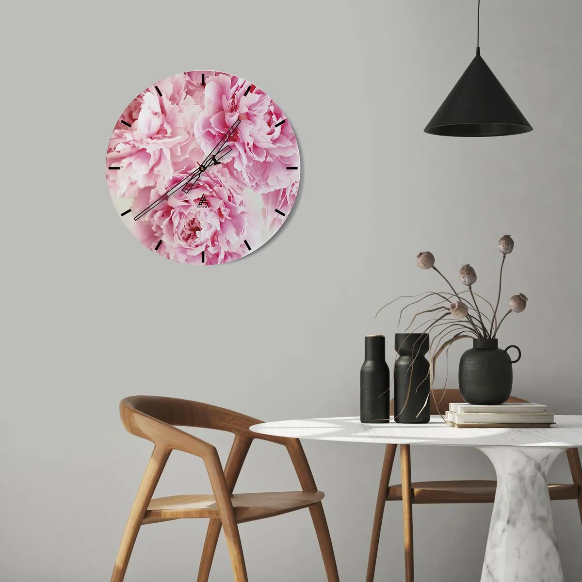 Orologio da parete - Orologio in Vetro - Fiori di peonia rosa su sfondo bianco - 30x30cm - Nel fasto rosa - Decorazione murale moderna per soggiorno, cucina e camera da letto ARTTOR