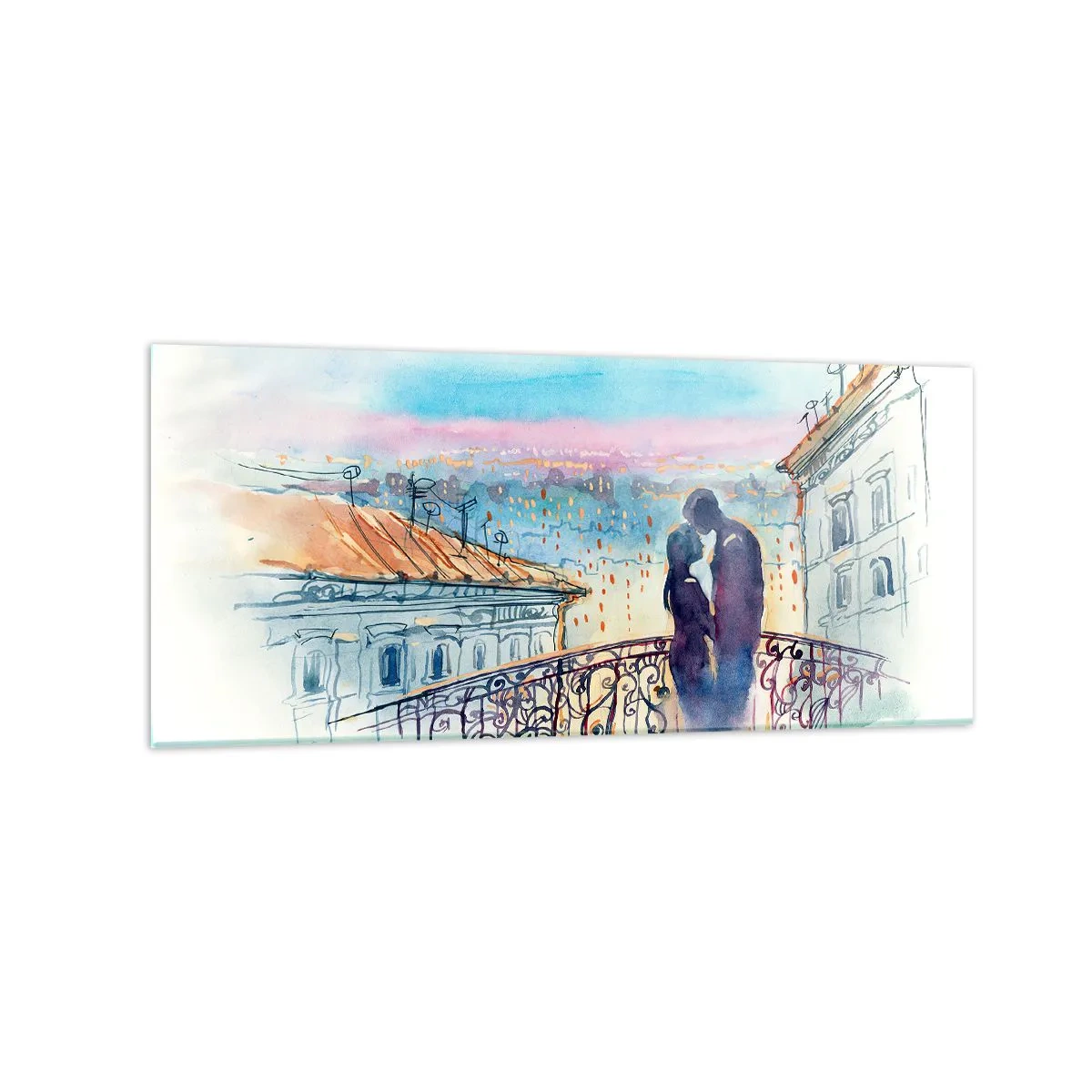 Quadro su vetro - Coppia romantica su un balcone con vista sulla città - 120x50cm - Amanti parigini - Decorazione murale moderna per soggiorno e camera da letto ARTTOR