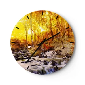 Orologio da parete - Orologio in Vetro - Foresta autunnale con un ruscello impetuoso tra le foglie dorate - 30x30cm - Pietre incorniciate in oro e platino - Decorazione murale moderna per soggiorno, cucina e camera da letto ARTTOR