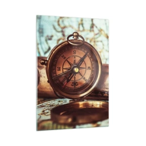Quadro su vetro - Una bussola e una mappa antiche ambientate sullo sfondo di avventure piratesche - 50x70cm - Ti aspetta l'avventura dei pirati dei Caraibi - Decorazione murale moderna per soggiorno e camera da letto ARTTOR