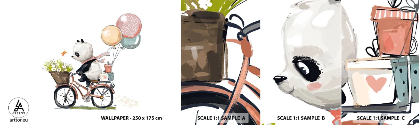 Campione Di Fotomurale Standard Eco - Giorno felice - Per bambini, Panda in bicicletta, Astrazione - 100x30 cm