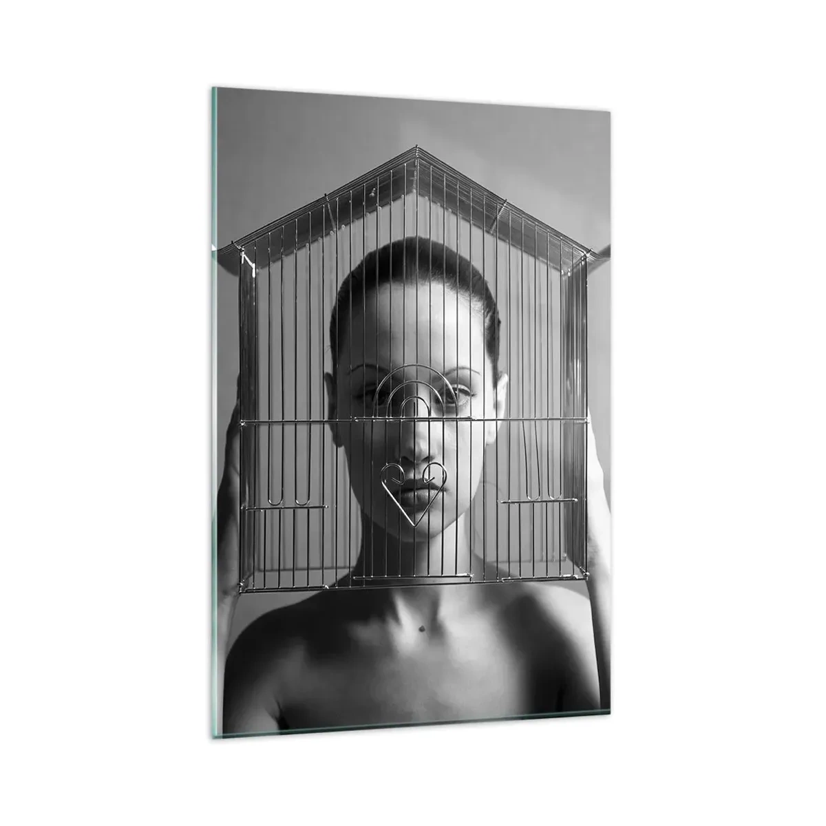 Quadro su vetro - Donna dietro una gabbia in stile surreale - 80x120cm - Ritratto un po' surreale - Decorazione murale moderna per soggiorno e camera da letto ARTTOR