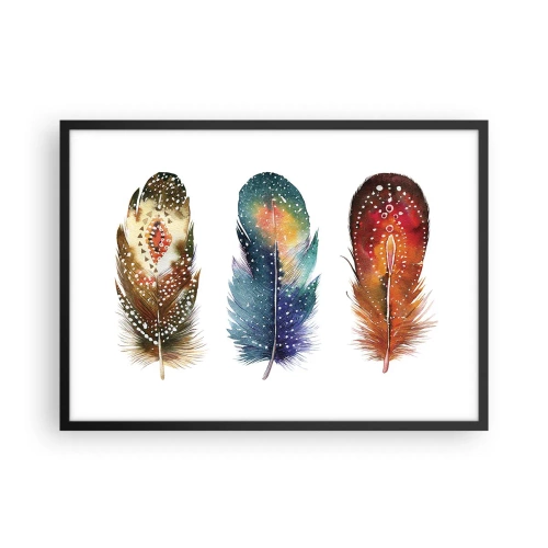 Poster in cornice nera - Tre piume colorate con motivi artistici su uno sfondo chiaro - 70x50cm - Cerimonie, riti, misteri - Decorazione murale moderna per soggiorno e camera da letto ARTTOR