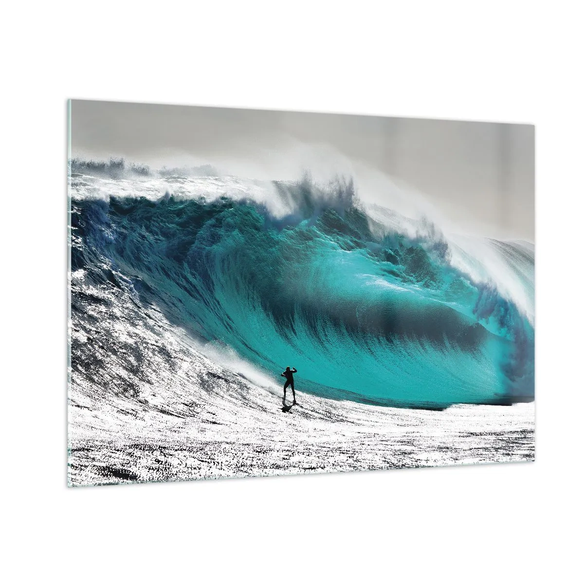 Quadro su vetro - Un surfista di fronte a un'onda enorme - 100x70cm - Sfida accettata - Decorazione murale moderna per soggiorno e camera da letto ARTTOR