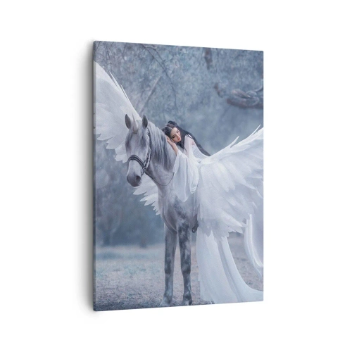 Quadro su tela - Stampe su Tela - Una donna su un cavallo bianco con le ali in una foresta magica - 50x70cm - Momento ispirato - Decorazione murale moderna per soggiorno e camera da letto ARTTOR