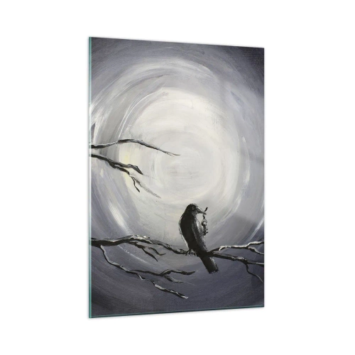 Quadro su vetro - Un corvo seduto su un ramo sullo sfondo della luna piena - 50x70cm - Chiave di una notte misteriosa - Decorazione murale moderna per soggiorno e camera da letto ARTTOR