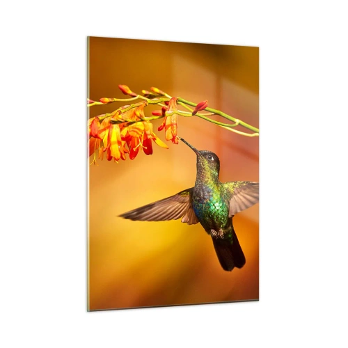Quadro su vetro - Colibrì tra i fiori in un bagliore dorato - 50x70cm - Messaggero di luce secondo i Maya - Decorazione murale moderna per soggiorno e camera da letto ARTTOR